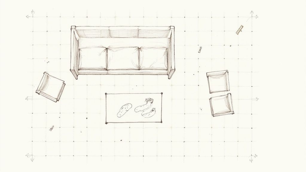 Top-down sketch on grid paper showing a living room layout with a sofa, coffee table, and side tables.