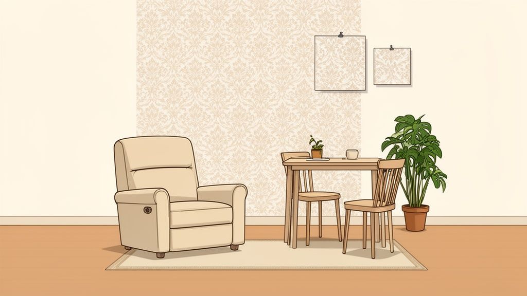 A cozy living room with a recliner, wooden dining set, potted plants, and patterned wallpaper.