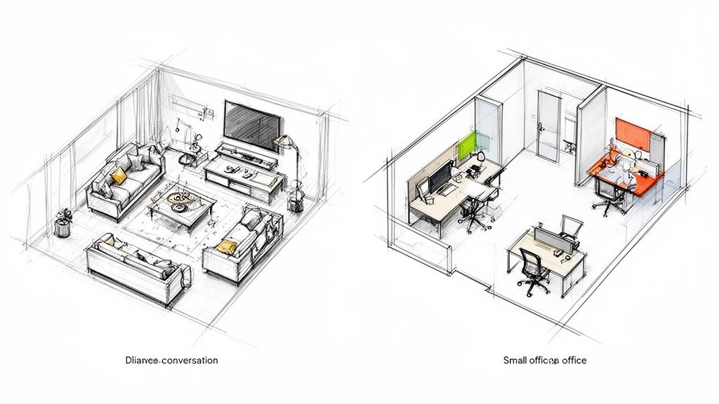 Isometric sketches show modern living room design for conversation and efficient small office space.