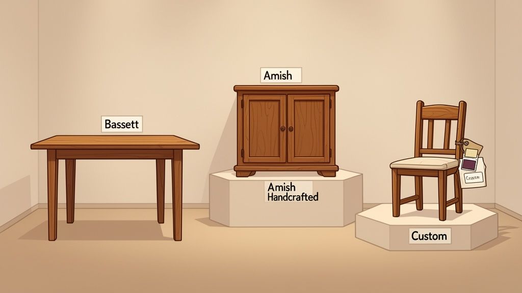 Three different types of wooden furniture: a Bassett table, an Amish cabinet, and a custom chair.