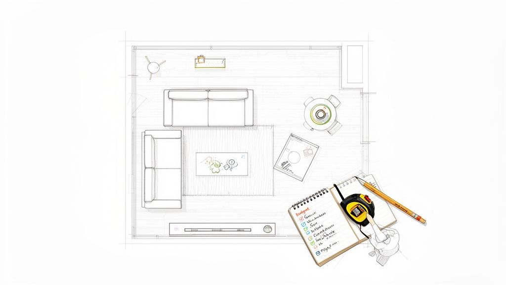 Top-down sketch of a living room floor plan with furniture, a budget checklist, and measuring tape.