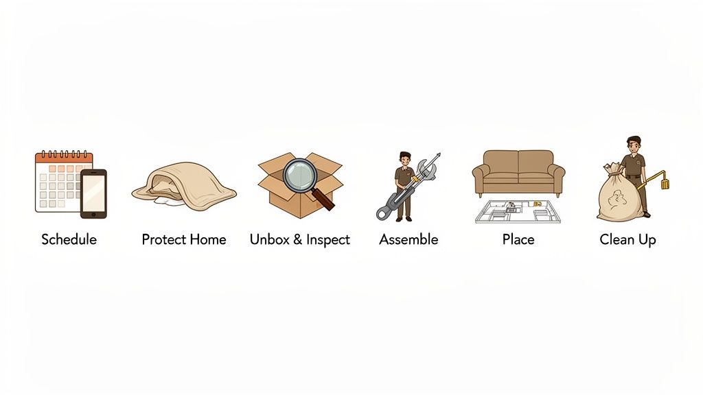 Visual guide to white glove delivery including scheduling, home protection, unboxing, assembly, placement, and cleanup.