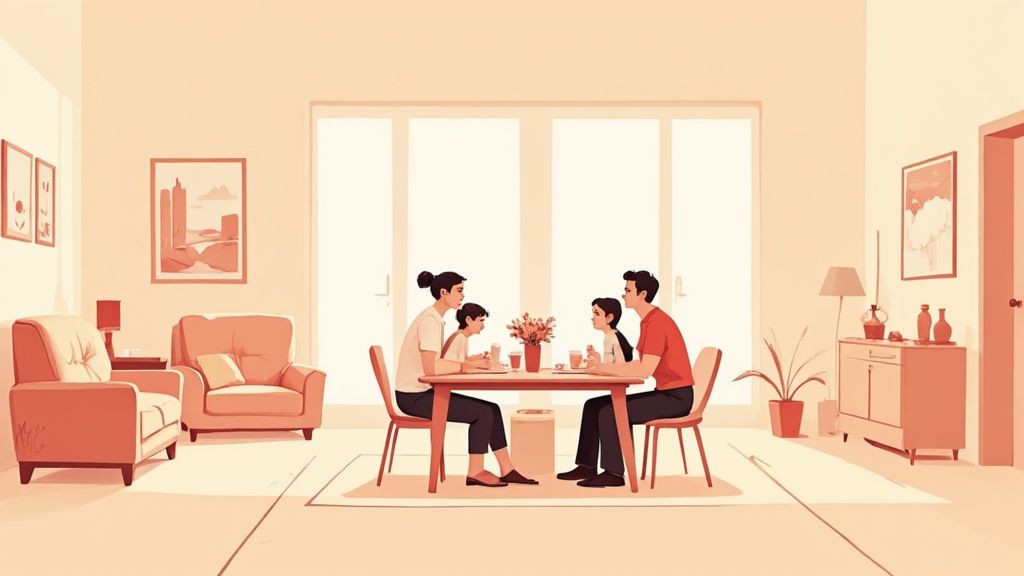 A beautiful wooden dining table set in a well-lit dining room, showcasing a family-friendly atmosphere.