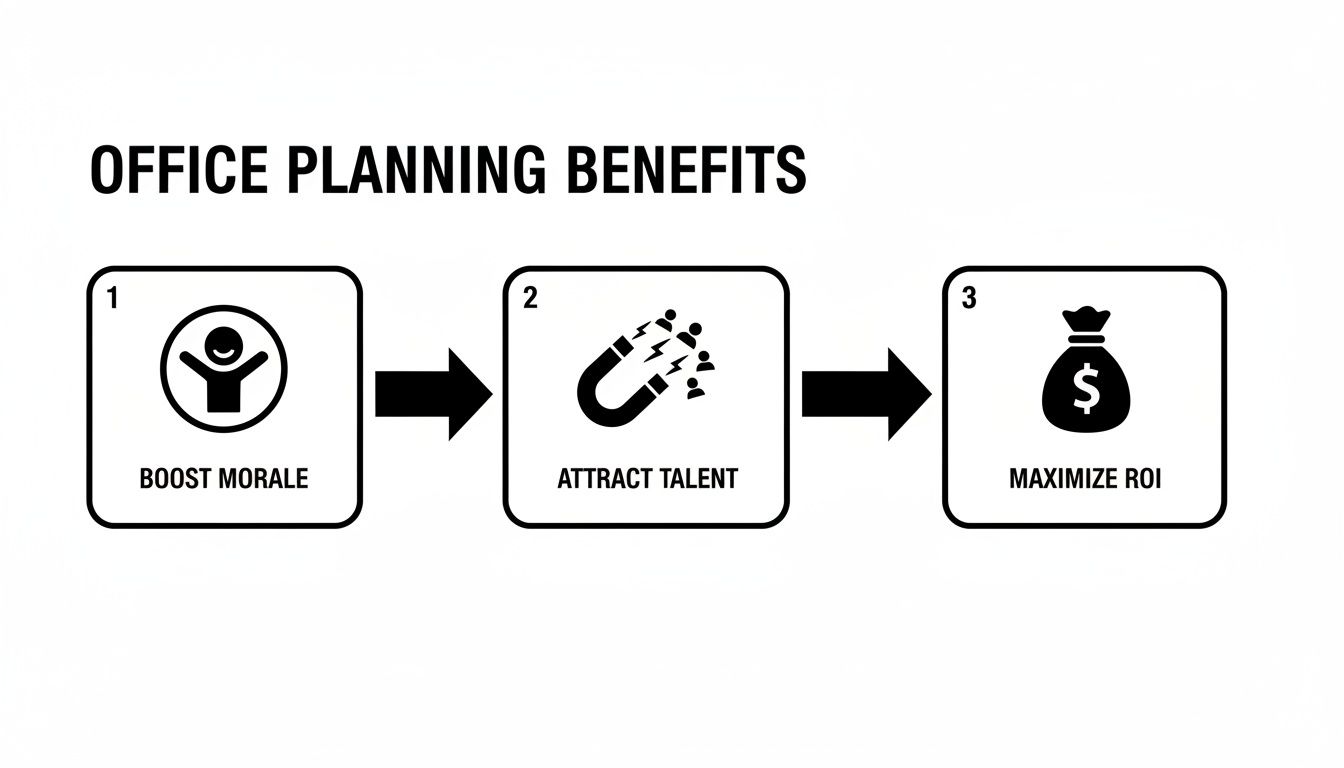 Infographic showing office planning benefits: boosting morale, attracting talent, and maximizing return on investment.