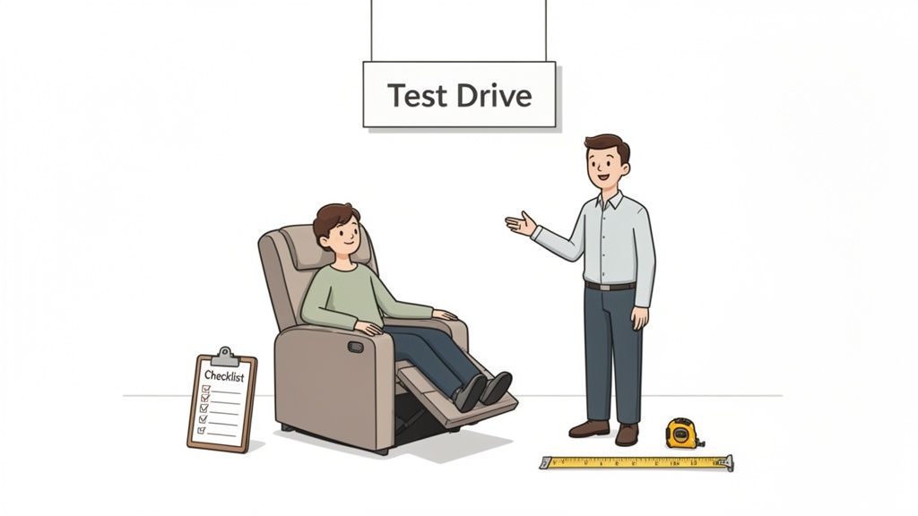 A man tests a recliner while another explains, with a measuring tape and "Test Drive" sign.