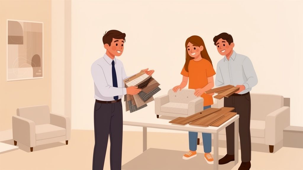 Salesperson shows fabric swatches and wood samples to a couple for interior design choices.