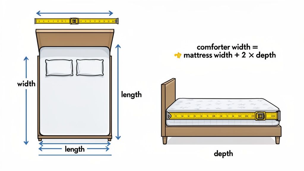 Diagram illustrating how to measure bed width, length, and mattress depth for comforter sizing.