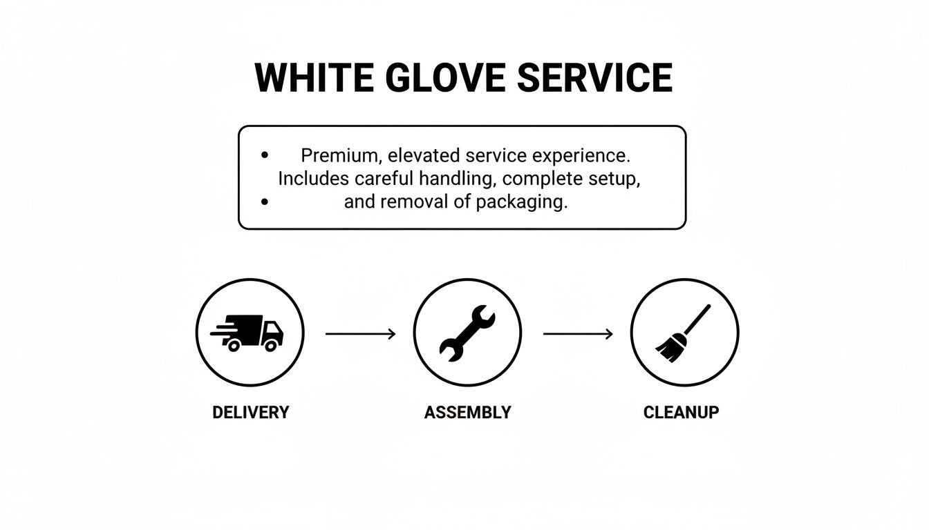 Infographic explaining white glove service, detailing delivery, assembly, and cleanup steps.