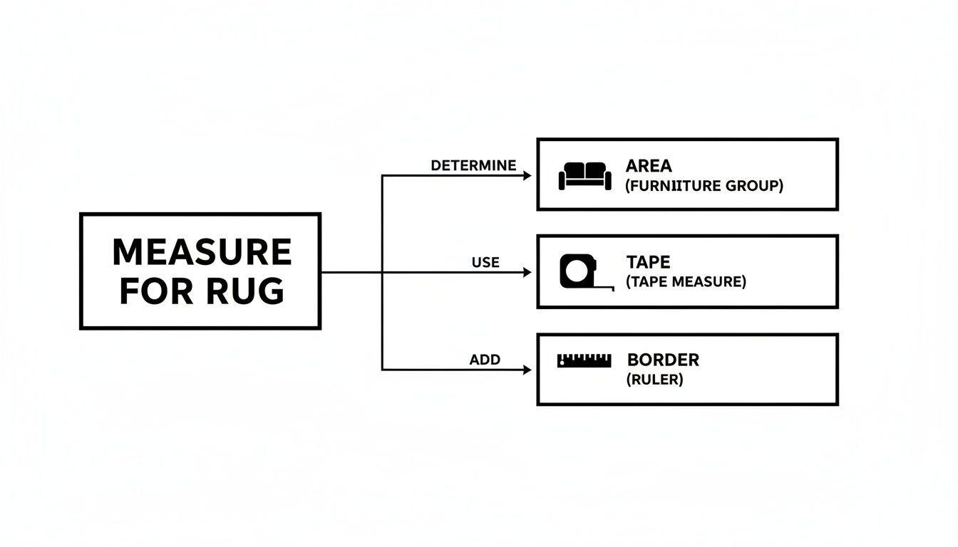 Flowchart outlining steps to measure for a rug, including determining area, using a tape measure, and adding a border.