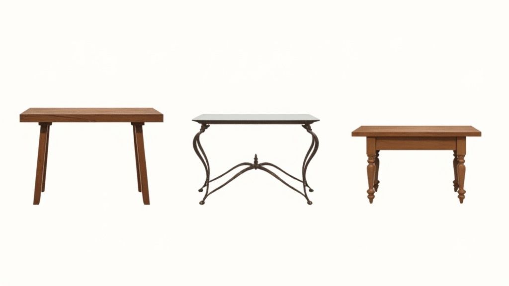 Three different sofa table styles showing modern wood, ornate metal, and traditional carved wood designs