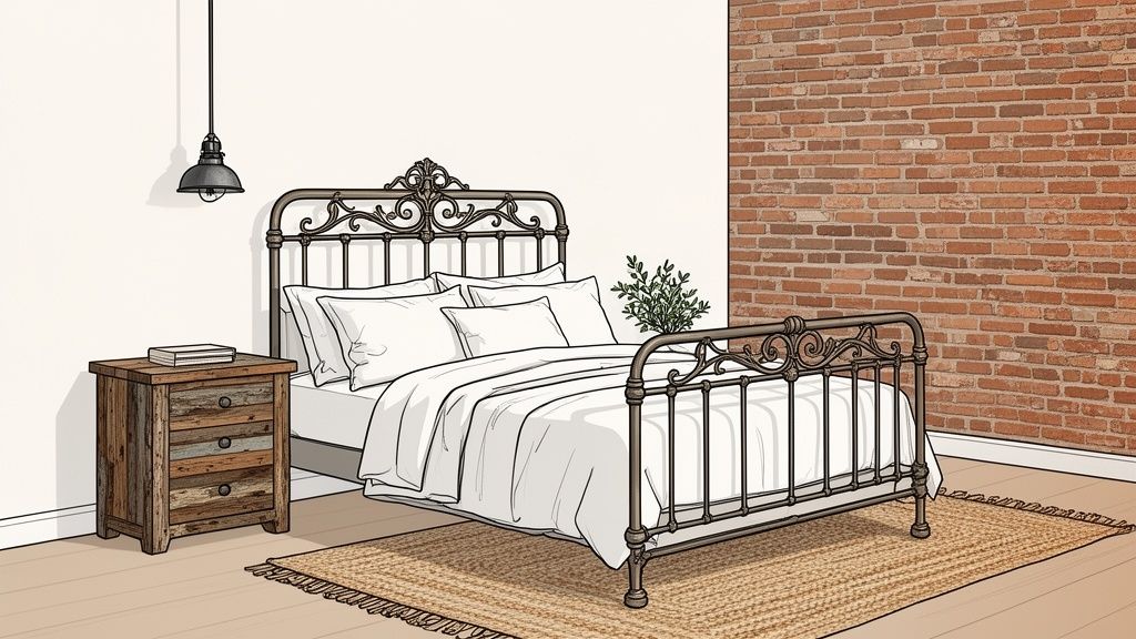 A cozy rustic bedroom featuring an antique iron bed, wooden nightstand, and brick accent wall.