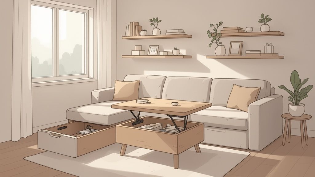 A modern living room with a sectional sofa, a lift-top coffee table, and hidden storage solutions.