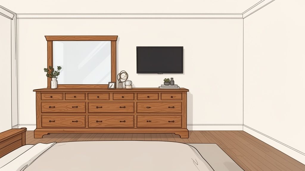 A bedroom features a long wooden dresser with a mirror, a wall-mounted TV, and a bed.