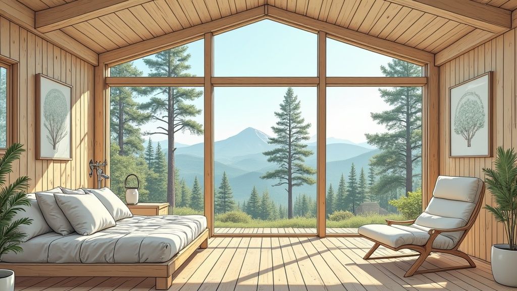 A bright, minimalist cabin interior with large windows, a bed, and a lounge chair overlooking a mountain forest.