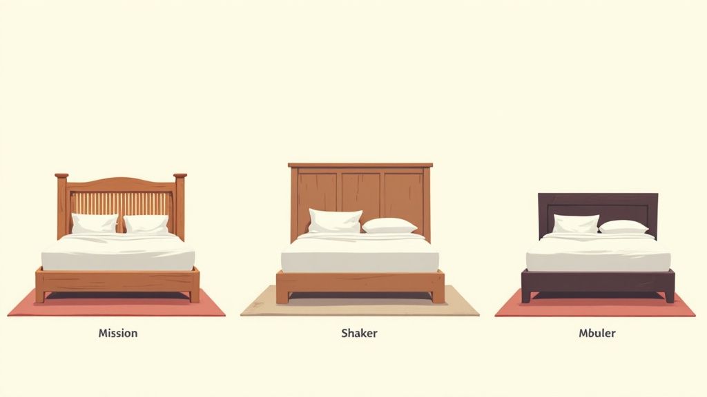 Three distinct wooden bed frames (Mission, Shaker, Mbuler styles) are shown with white bedding.