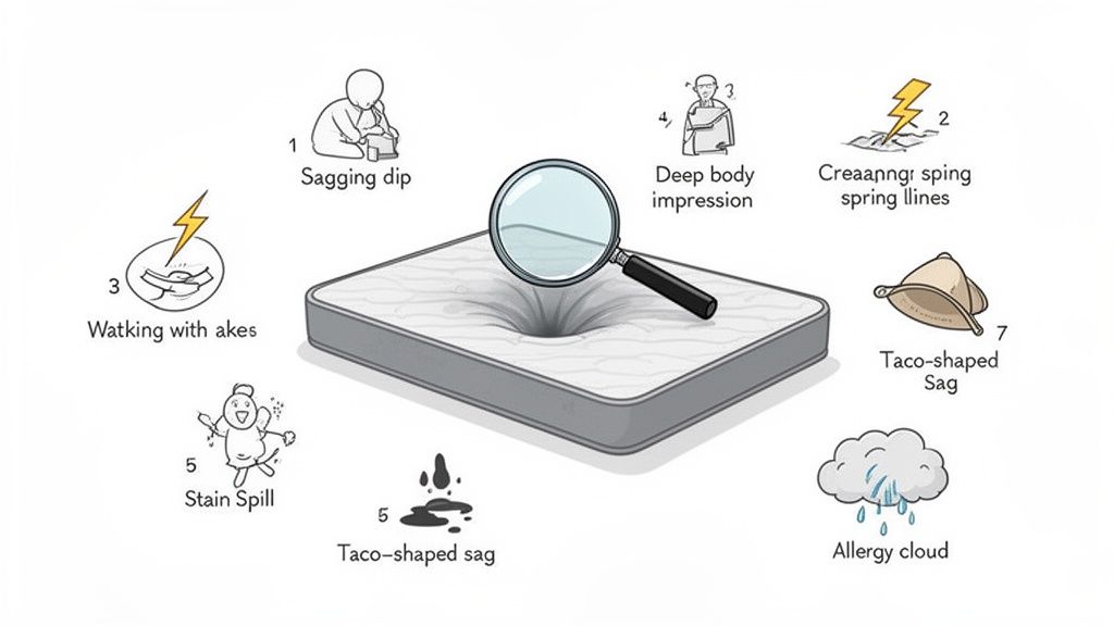 Illustration showing a mattress surrounded by various signs of wear and tear, like sagging, stains, and allergy issues.