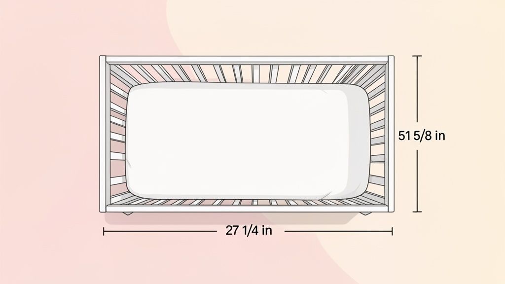 Top-down view of a white crib with a mattress, showing length 51 5/8 in and width 27 1/4 in.
