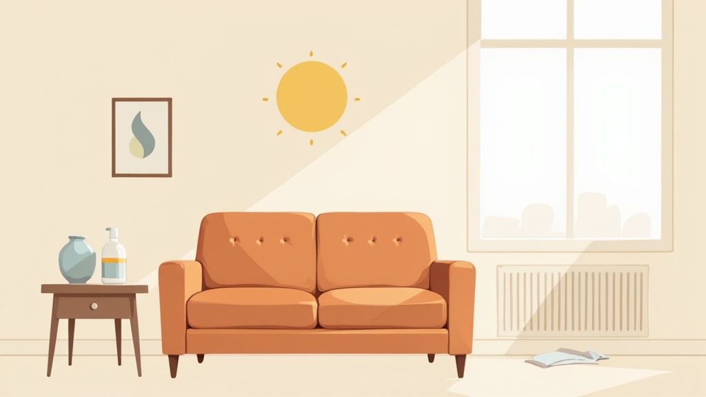 A warm, minimalist living room with an orange sofa, sun rays, a window, and simple decor.