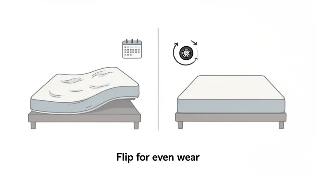 Illustration comparing a sagging mattress to a flat one, showing how flipping prevents uneven wear.
