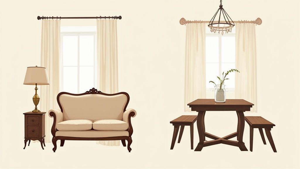 Traditional style living room with elegant, curved furniture and warm lighting.