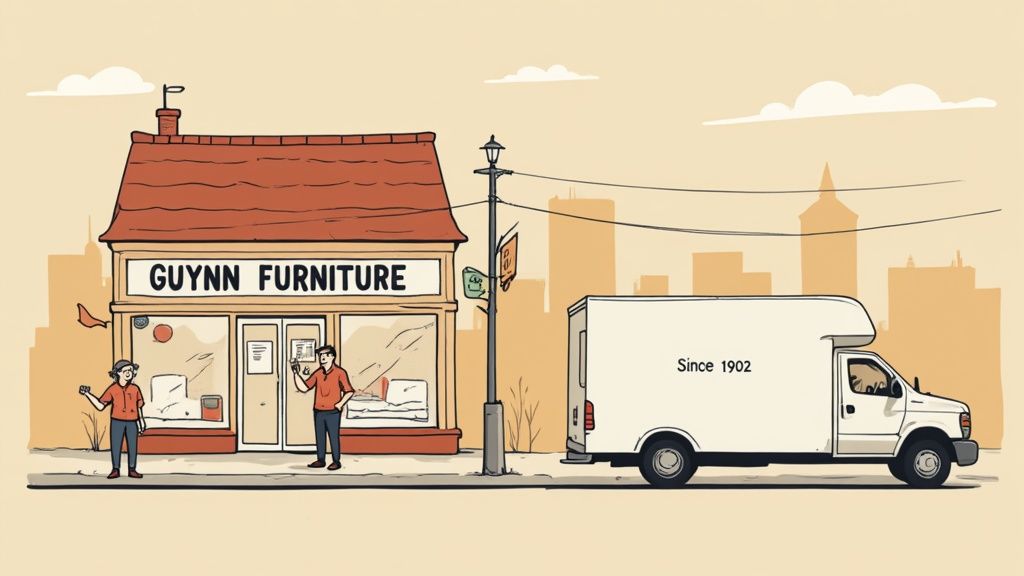 Two employees stand outside Guynn Furniture store with a white delivery truck nearby.