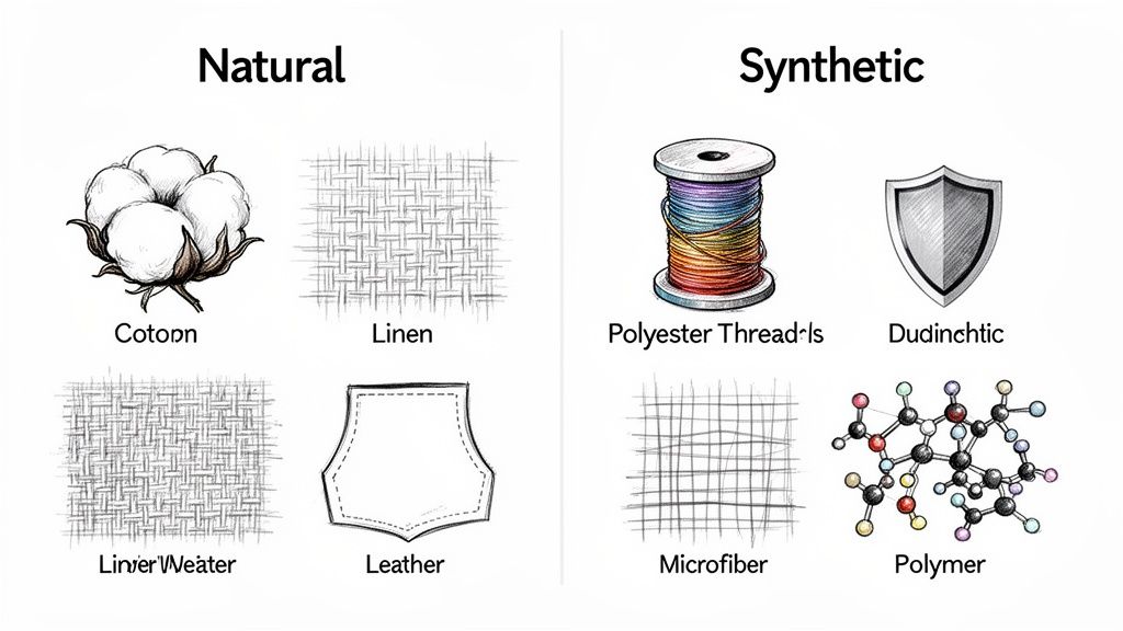 An illustration comparing various natural materials like cotton, linen, and leather with synthetic materials such as polyester, microfiber, and polymers.