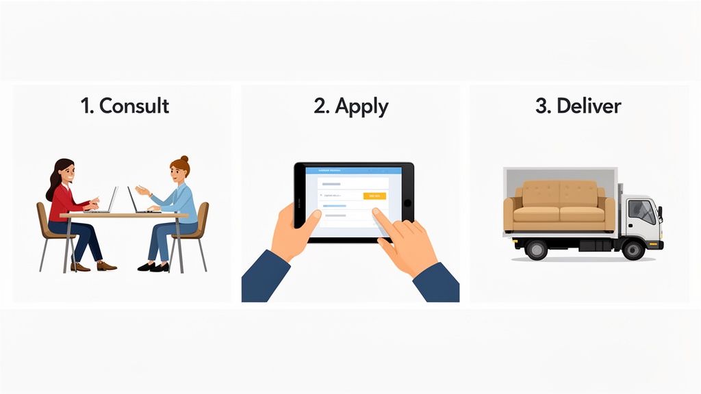Illustrated steps for furniture financing: consultation, online application, and home delivery service.