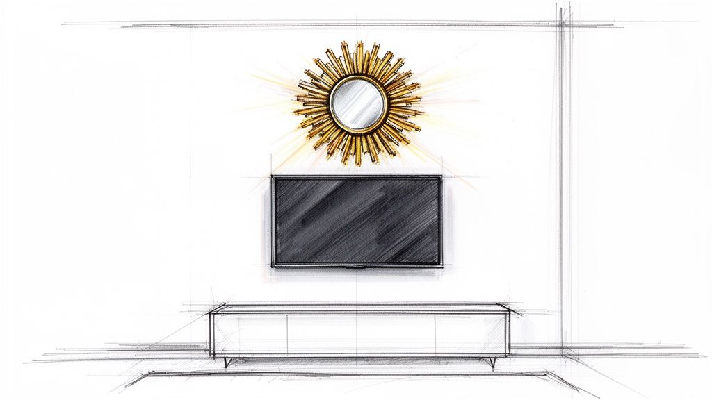 A design sketch of a modern living room wall featuring a sunburst mirror above a TV and media console.