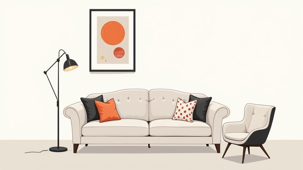 A traditional sofa styled with modern pillows and throws in a contemporary living room.