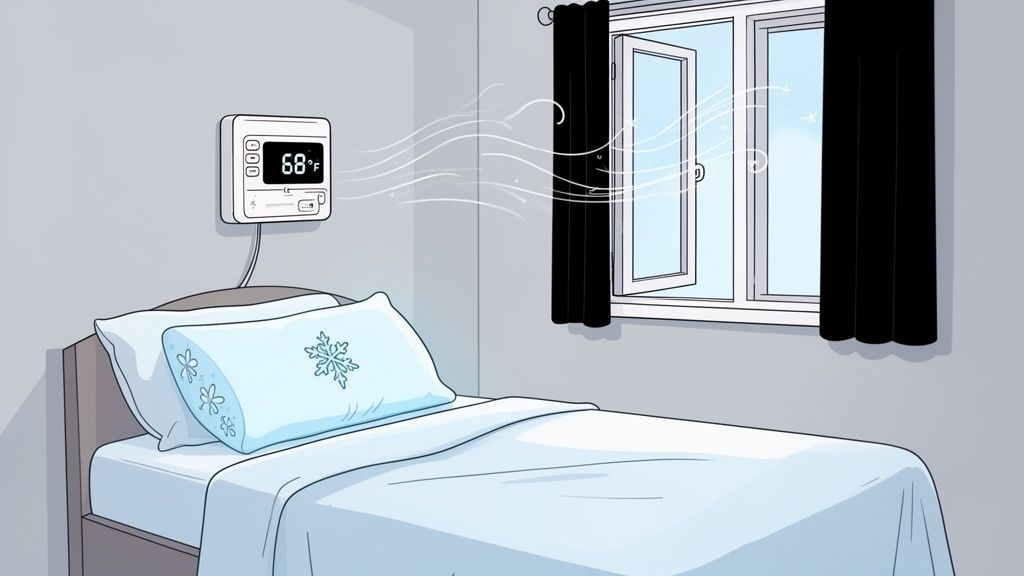A cool bedroom scene with a bed, open window letting in a breeze, and a thermostat set to 68°F.