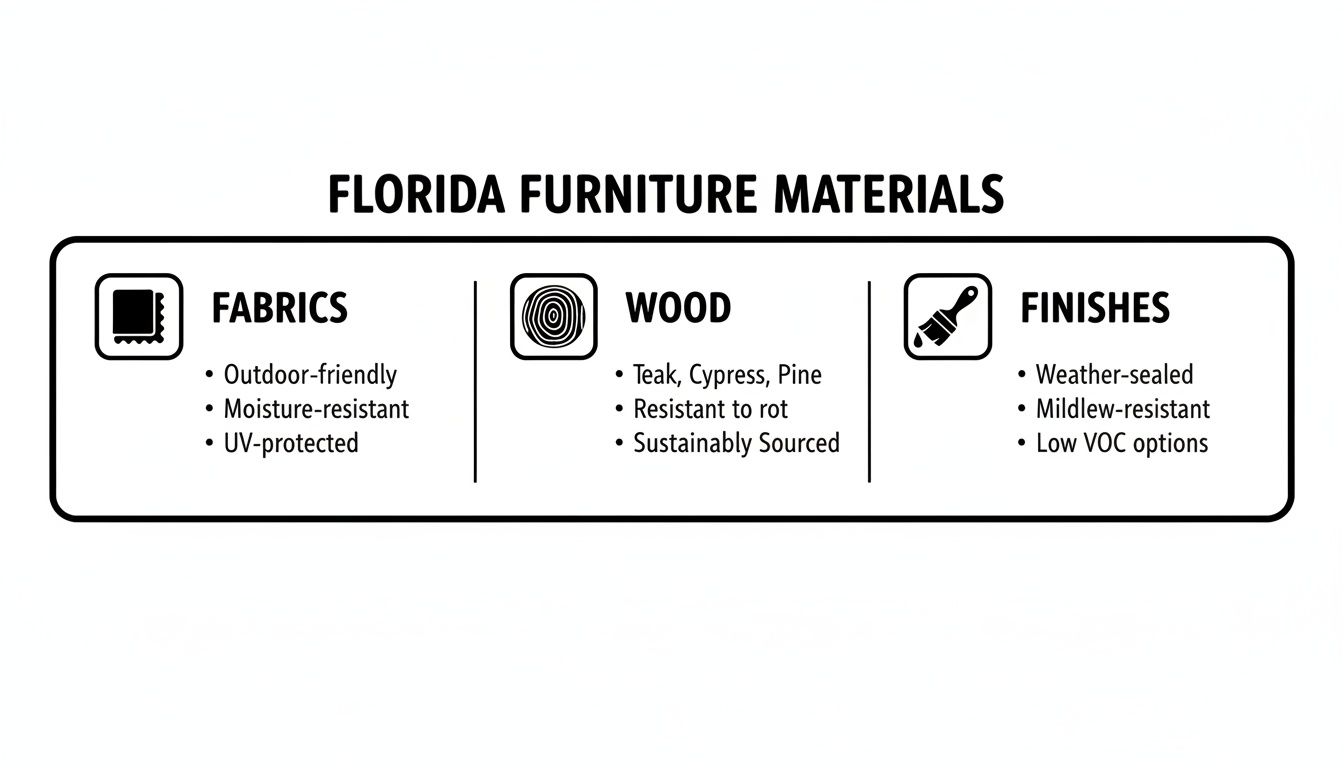 Diagram outlining Florida furniture material properties: fabrics, wood types, and finishes suitable for the climate.