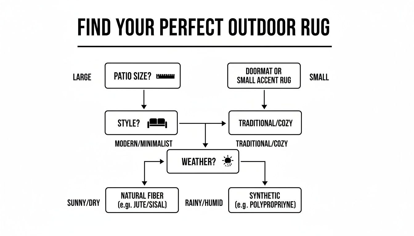 Flowchart guiding the selection of the perfect outdoor rug based on size, style, and weather.