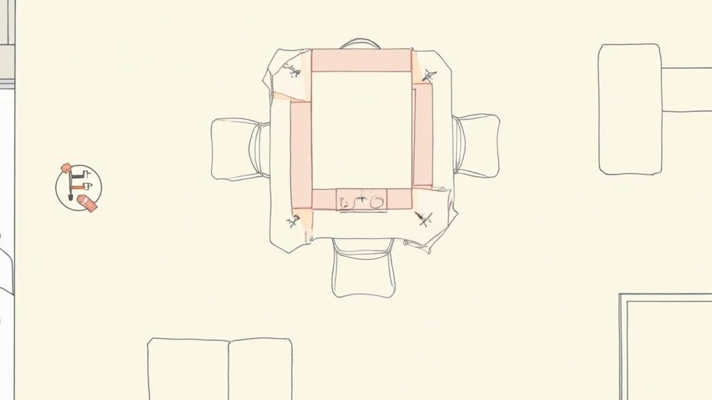 Top-down view of a dining table with four chairs and a patterned surface design.