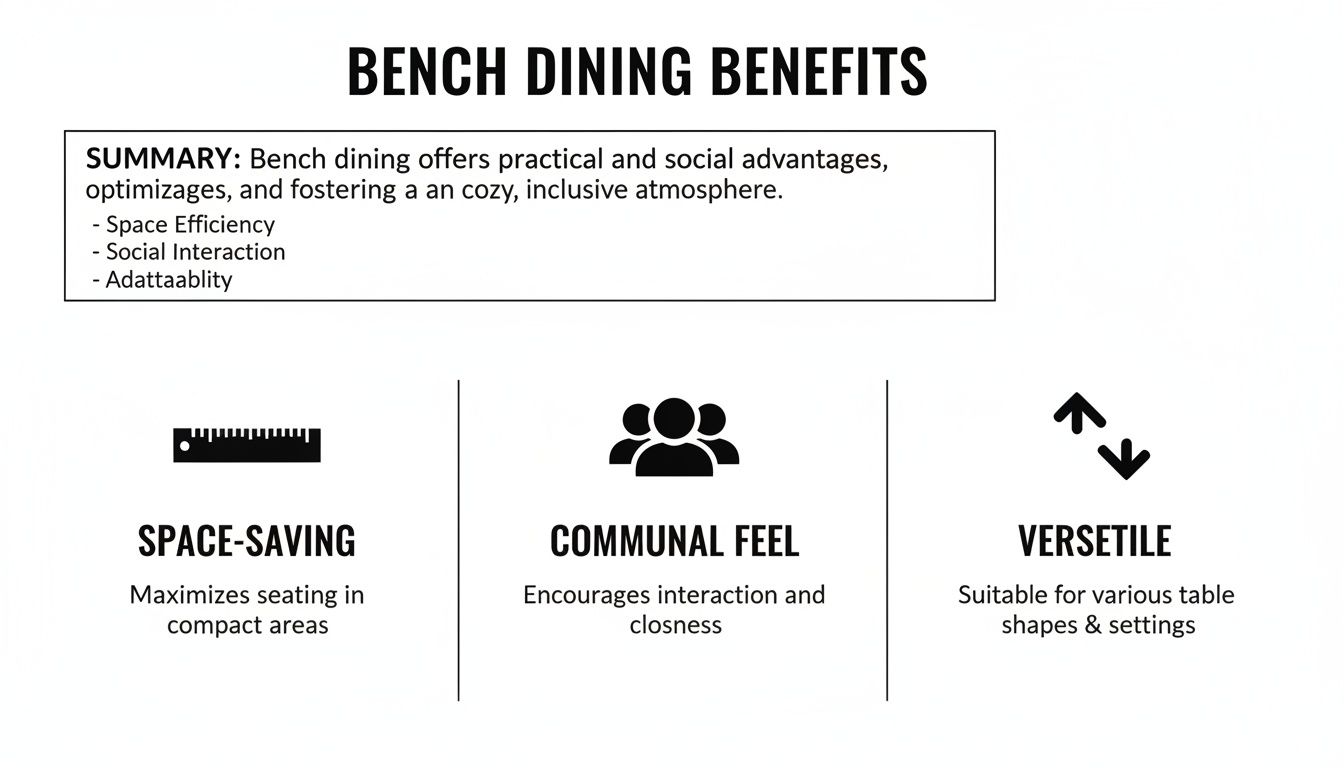 Infographic detailing the benefits of bench dining, highlighting space-saving, communal feel, and versatility.