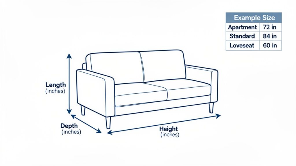 Diagram illustrates sofa length, depth, and height measurements in inches, alongside example sofa sizes.
