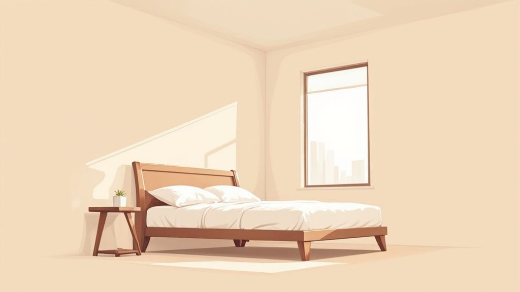 A minimalist bedroom with a wooden bed, white bedding, nightstand, and window overlooking a city.