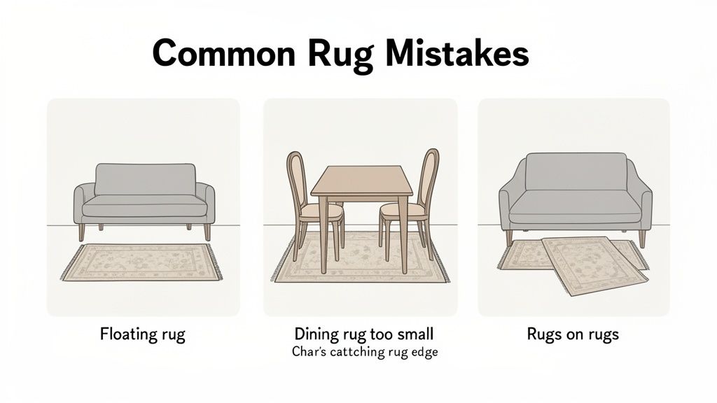 Three illustrations depicting common rug mistakes: a floating rug, a too-small dining rug, and multiple layered rugs.