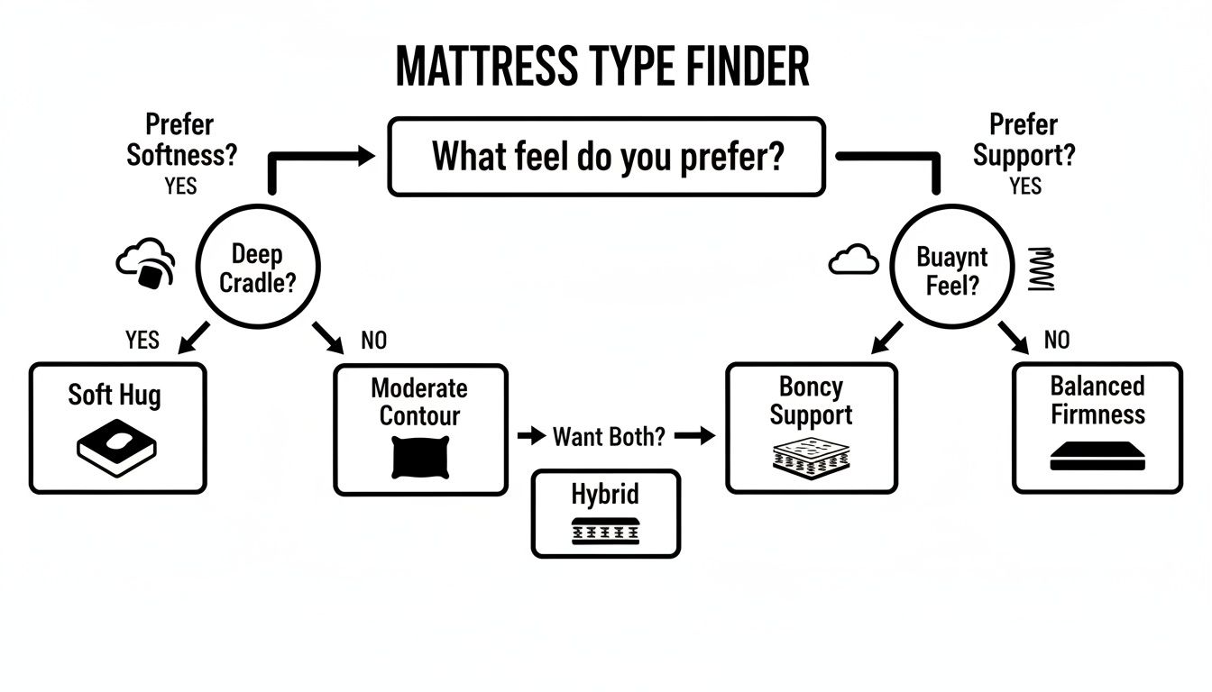 A flowchart titled 'Mattress Type Finder' guides users to their ideal mattress based on feel preferences.