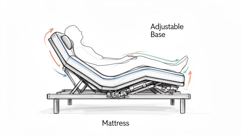 Diagram of an adjustable mattress on a bed base, illustrating head and foot elevation for comfort.