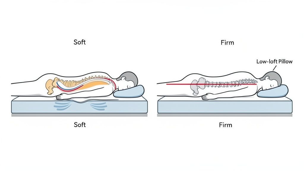 Comparison of stomach sleeping posture on soft and firm mattresses, highlighting spinal alignment with a low-loft pillow.