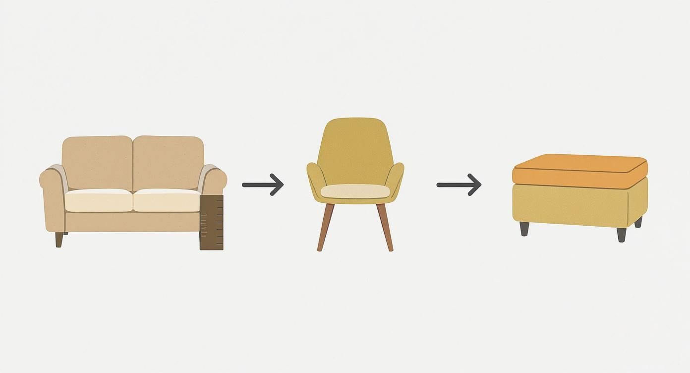 Furniture downsizing progression showing sofa to armchair to storage ottoman for small living rooms