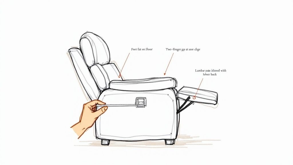 Recliner chair diagram showing lumbar support features, footrest, and two-finger gap at edge