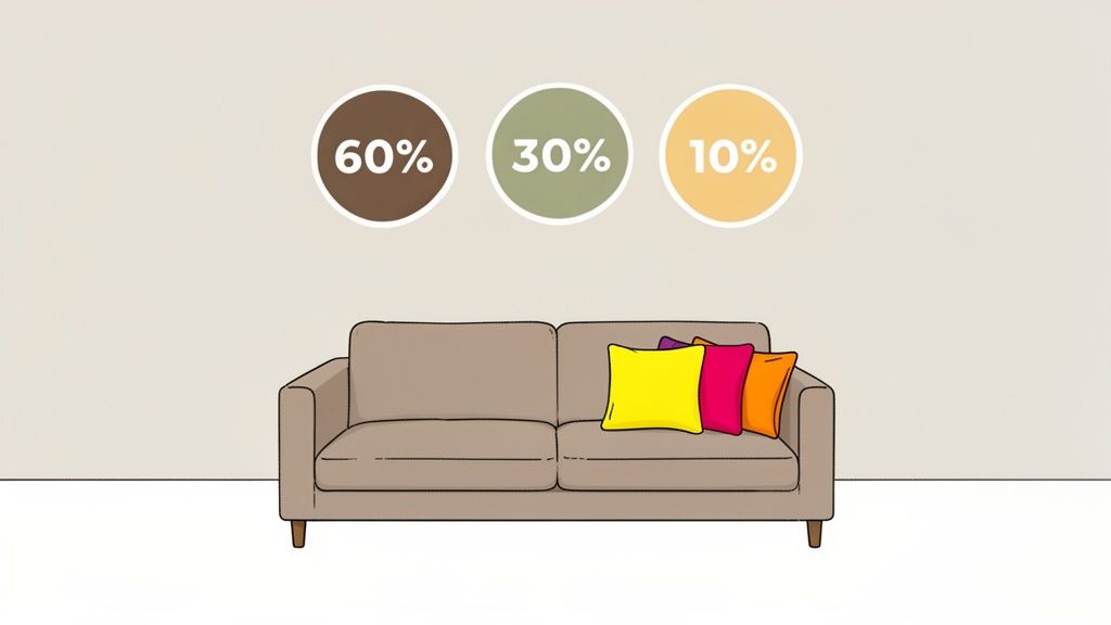An illustration showing a sofa with colorful pillows, demonstrating the 60-30-10 interior design color rule.
