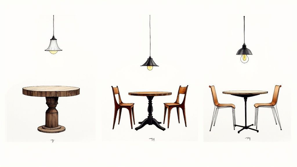 Three sets of illustrative round kitchen tables, chairs, and hanging lamps on a white background.