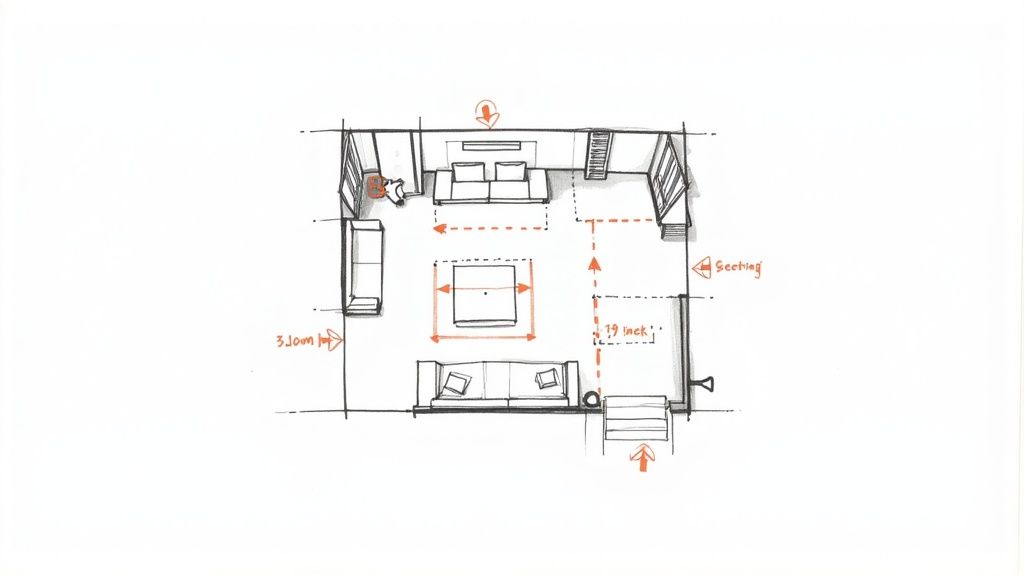 A living room with a clear path from the doorway past the sofa to the windows.