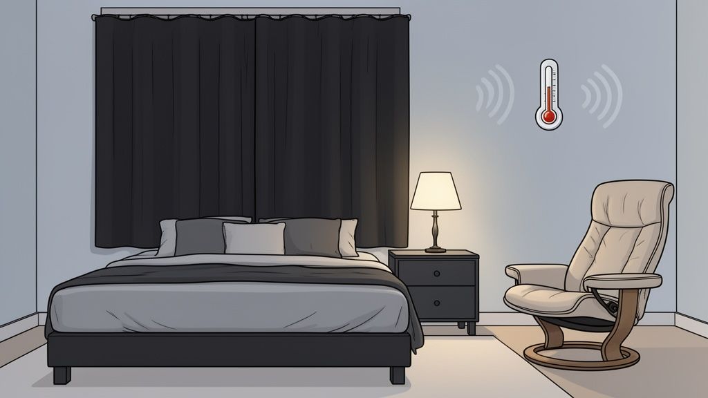 A serene bedroom with dark curtains, a comfortable bed, a lit lamp, and a thermometer.