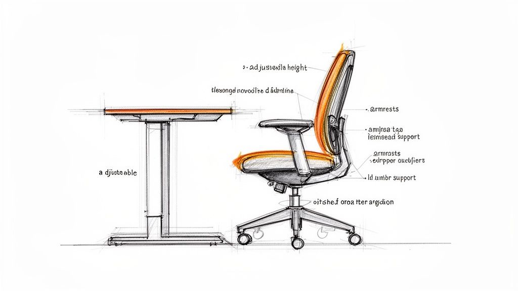 Detailed sketch of an ergonomic office chair and an adjustable standing desk with highlighted features.