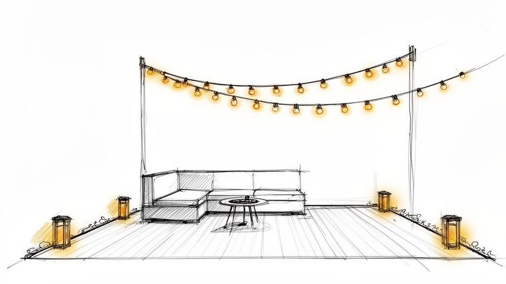 Sketch of a stylish outdoor deck featuring a sectional sofa, coffee table, string lights, and ambient ground lanterns.