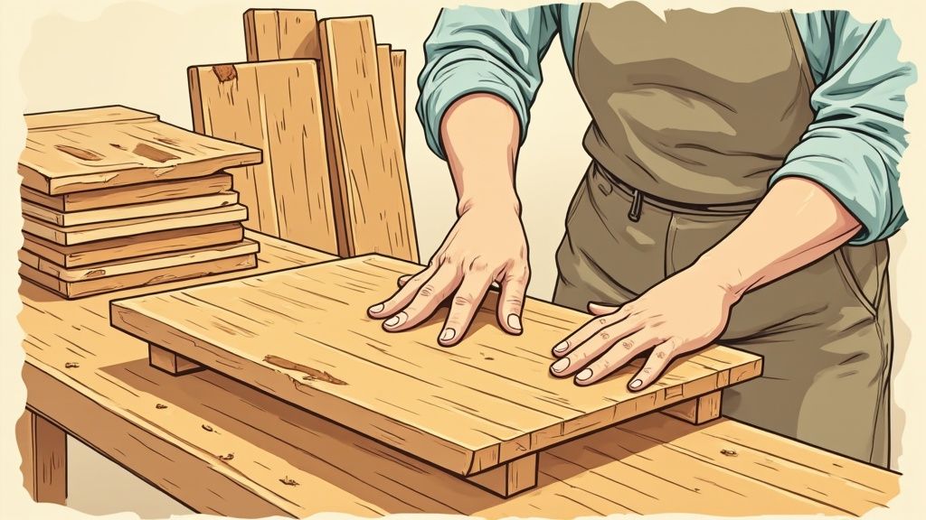 A person's hands are placed on a wooden board on a workbench with wood planks nearby.