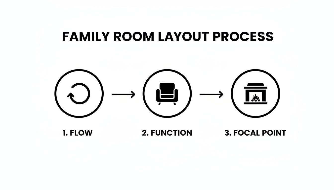 A diagram illustrates the three-step family room layout process: 1. Flow, 2. Function, and 3. Focal Point, each with a representative icon.